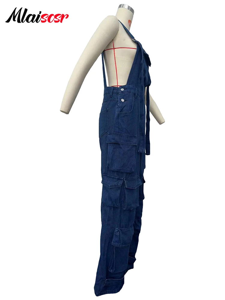 Mlaiscsr Blue Denim Jumpsuits Women Suspenders Straight Long Jeans Pants Loose Sling One Pieces Pockets Streetwear Overalls y2k