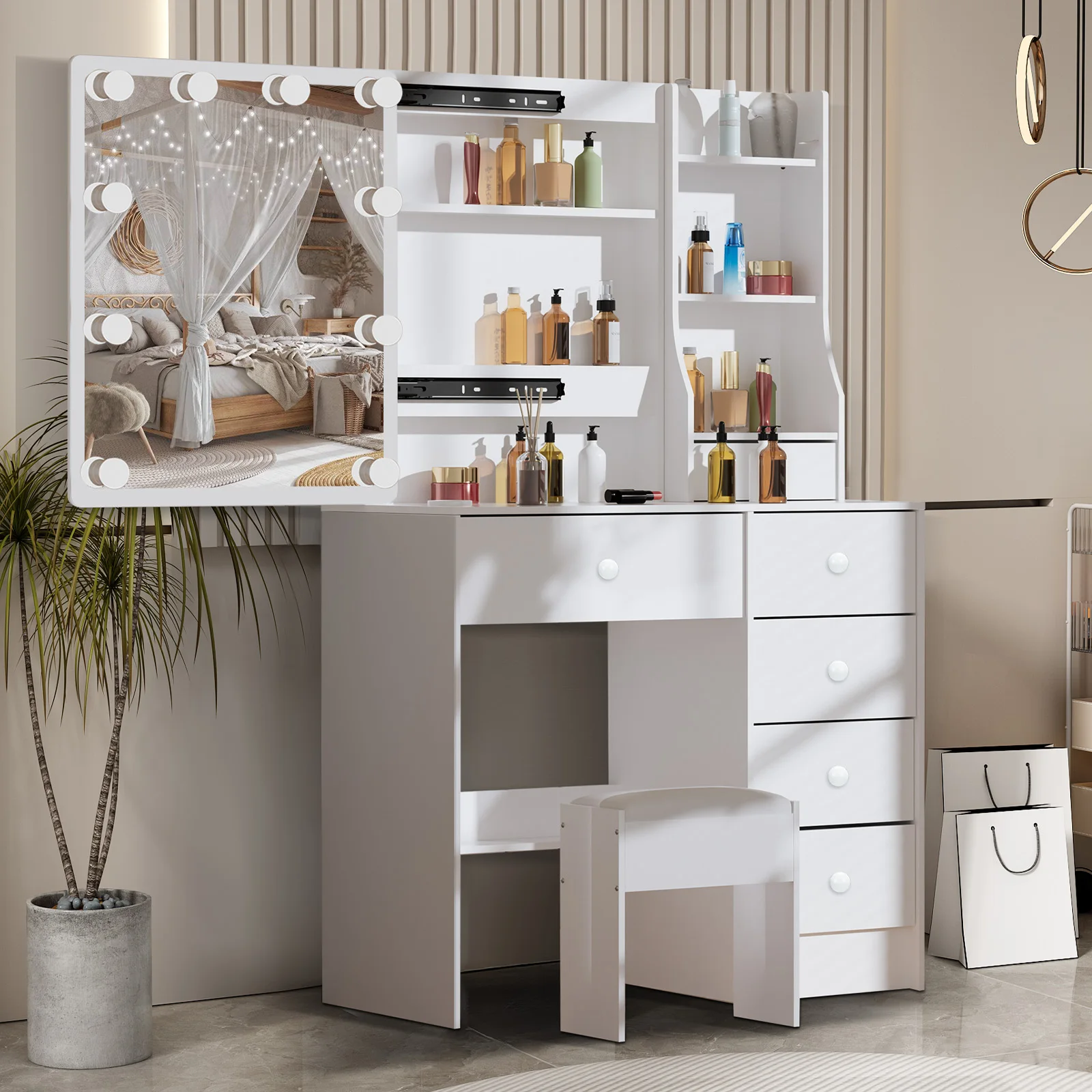 【صفقات 11.11، عروض الجمعة السوداء 2025】طاولة زينة مع 10 مرآة مضاءة LED و6 أدراج مجموعة طاولة تزيين للمكياج