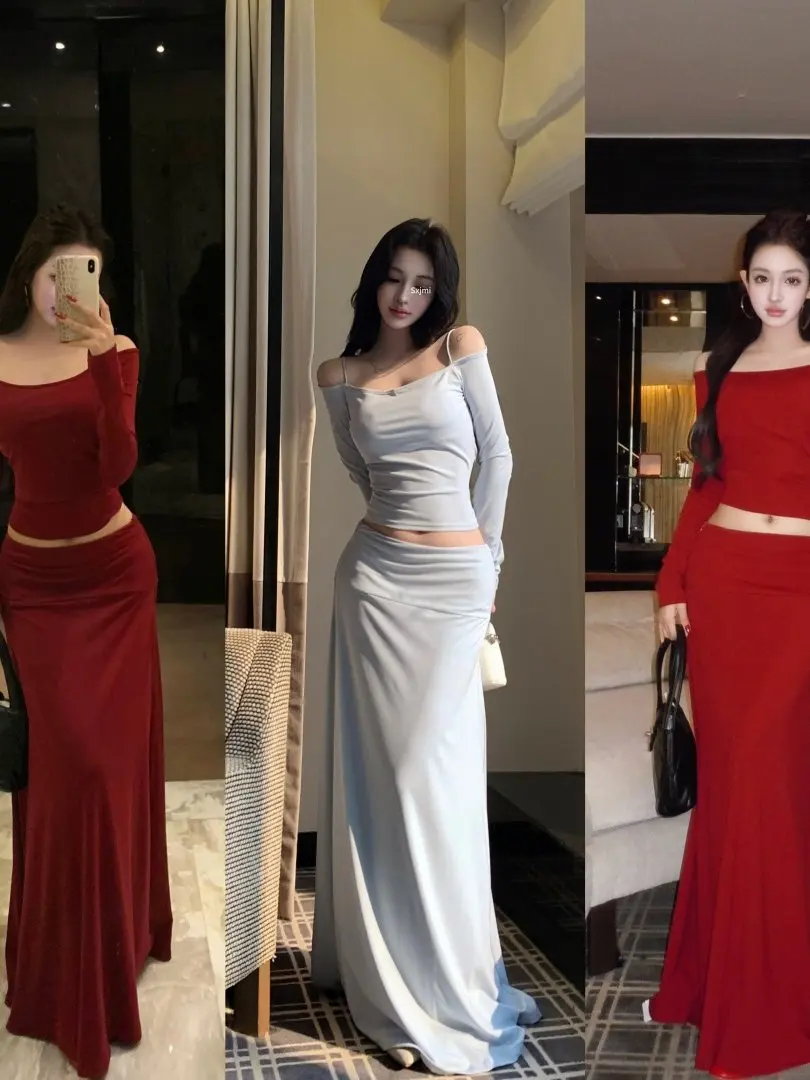 

Slim Fit Long Sleeve T-Shirt And Skirt Two Piece Set for Women Spring Season Blue Color Sexy Half Shoulder Design T-Shirt