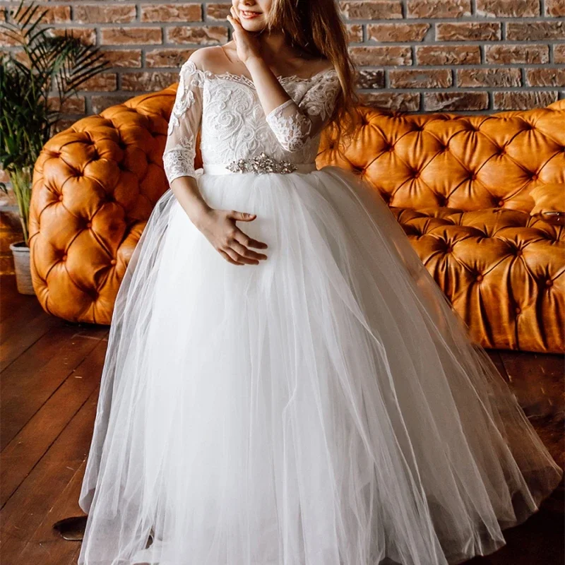Ivory Lace Flower Girl Dress Off the Shoulder Tulle Kids Puffy Ball Gown First Communion Dress Princess Birthday Party Dresses