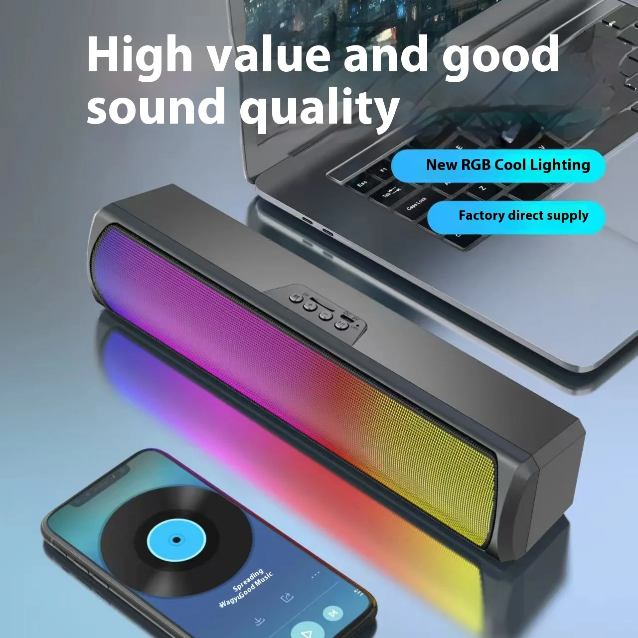 

BAJEAL Q4 RGB светодиодный игровой Bluetooth-динамик 3D стереозвук настольная звуковая панель с длительным сроком службы батареи и беспроводной динамик высокой громкости