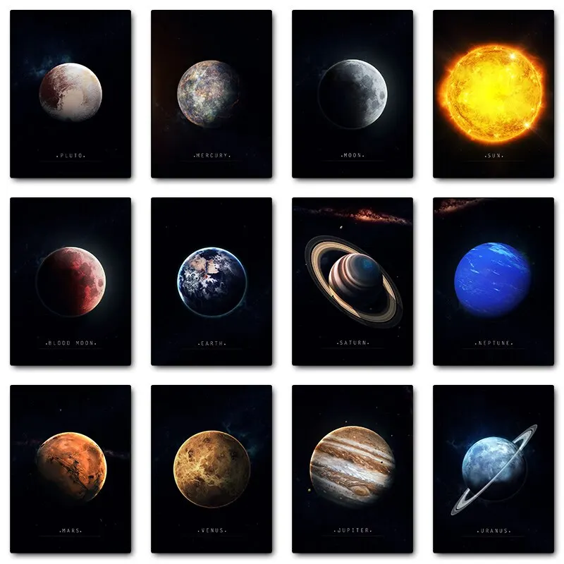 Sistema Solar y cuerpos celestes, arte de pared en lienzo, carteles temáticos espaciales para decoración del hogar