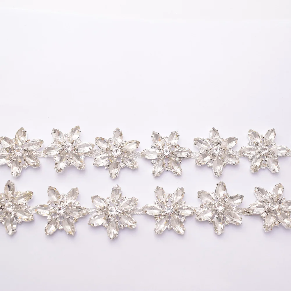 Silver Flower Shape 1/5/10 Yard Crystal Rhinestone Decorative Chain For Sewing On Dress Wedding Dress Diy Clothing Accessories