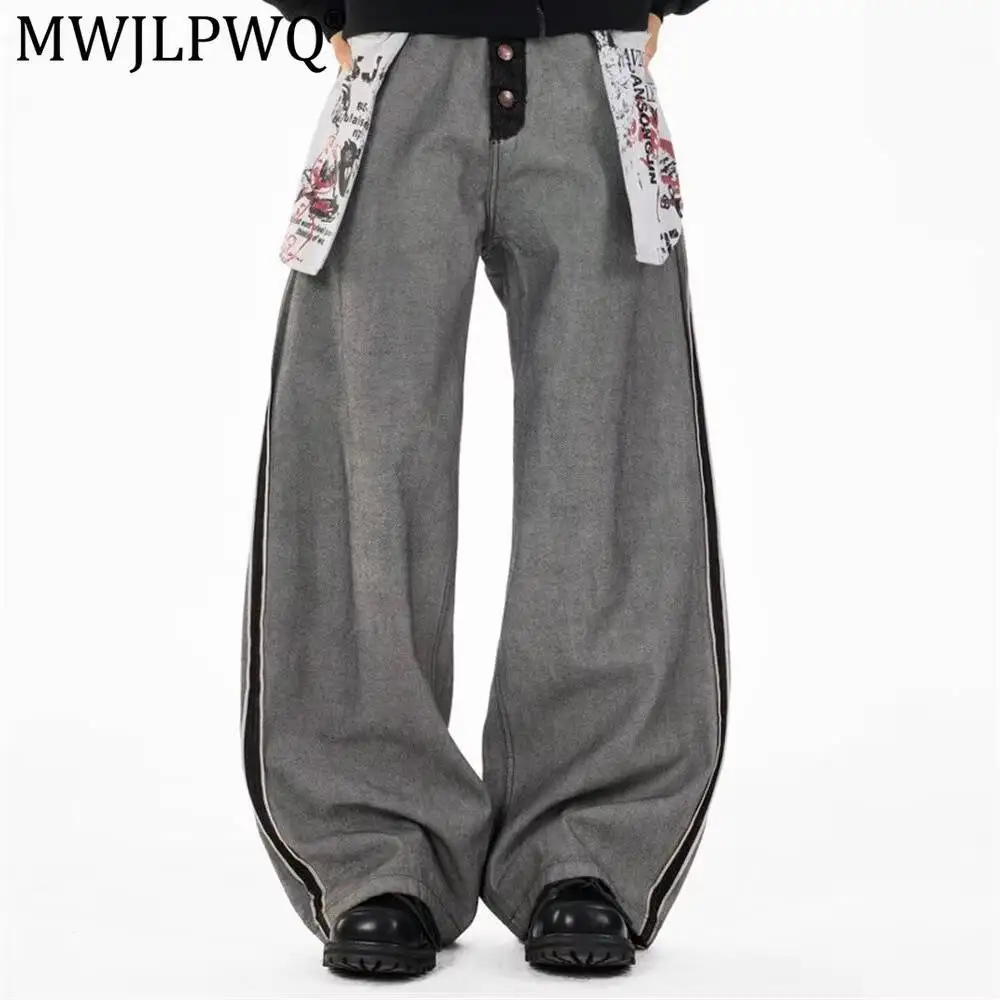 MWJLPWQ Reverse-Wear Jeans For Men High Street Fashion Button-Front Design Unique Style Loose Wide-Leg Straight Pants 20125