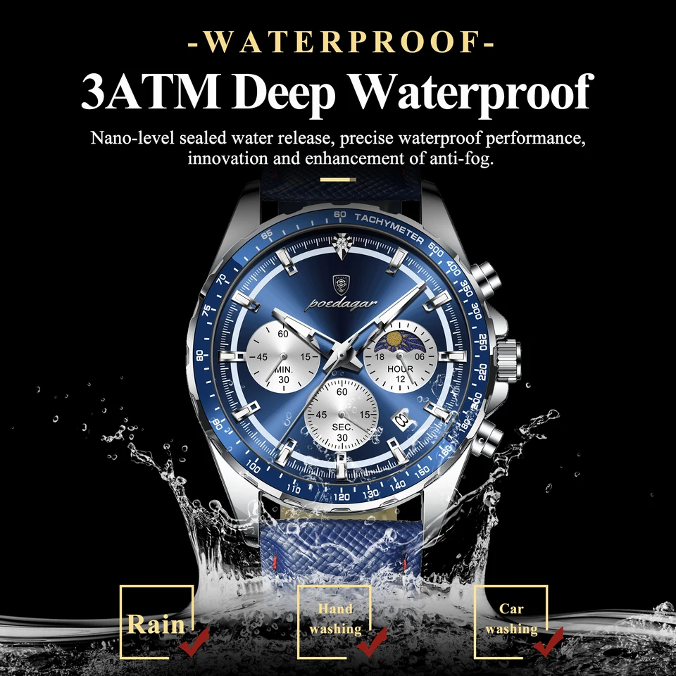 Reloj POEDAGAR original de moda para hombre, luminoso, resistente al agua, cronógrafo, fecha, cuero, cuarzo deportivo 3