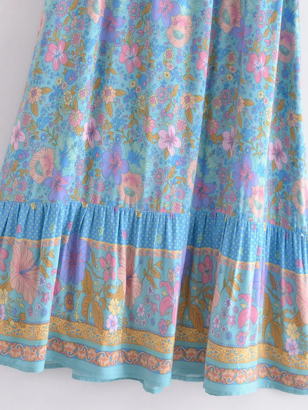 BOHO Blue With Pink Small Flower Print Long Skirt Spliced Ruched Ruffle Hem Women Ball Tassel Bow Waist Swing Skirt Holiday