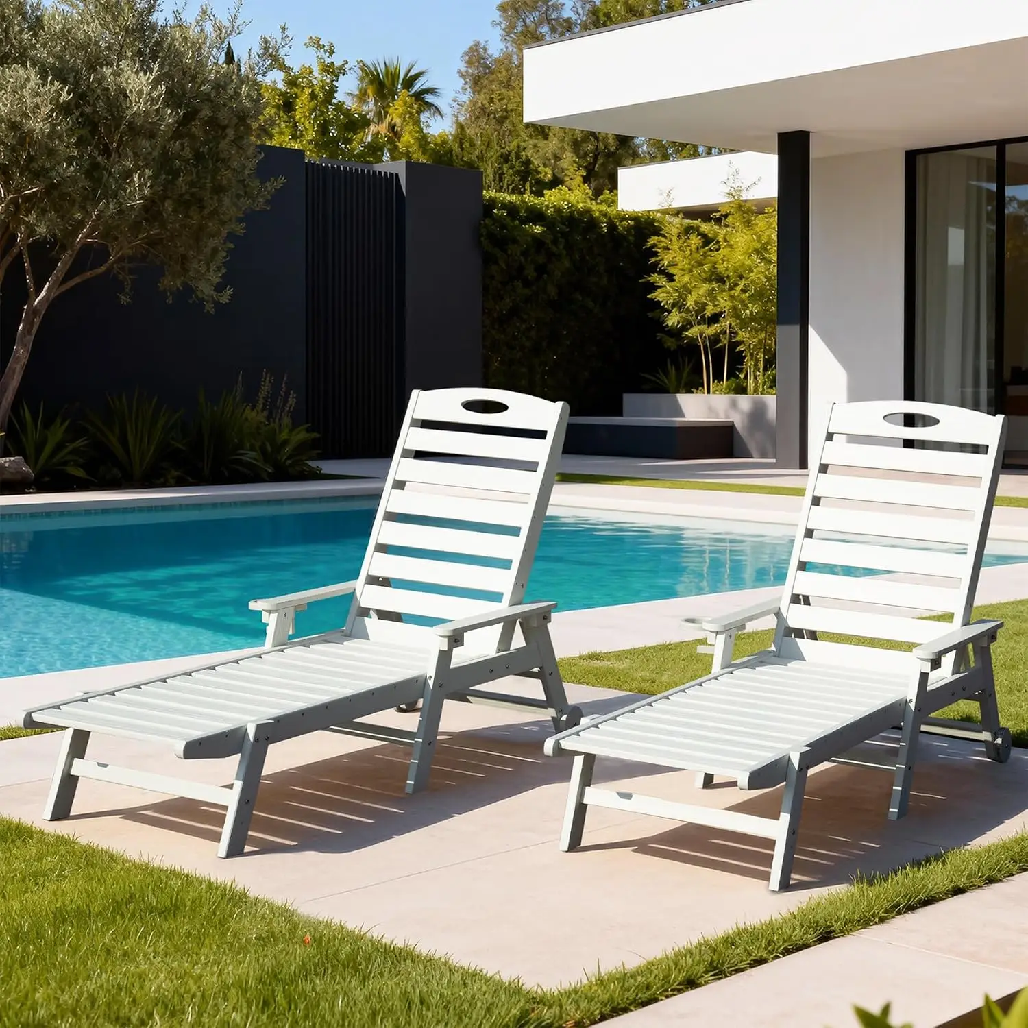 Domi HDPE Pool Patio Chaise Lounge Chair Outdoor Lounger Chair Set of 2 | White, Wheels, Adjustable, Cup Holder, Customized