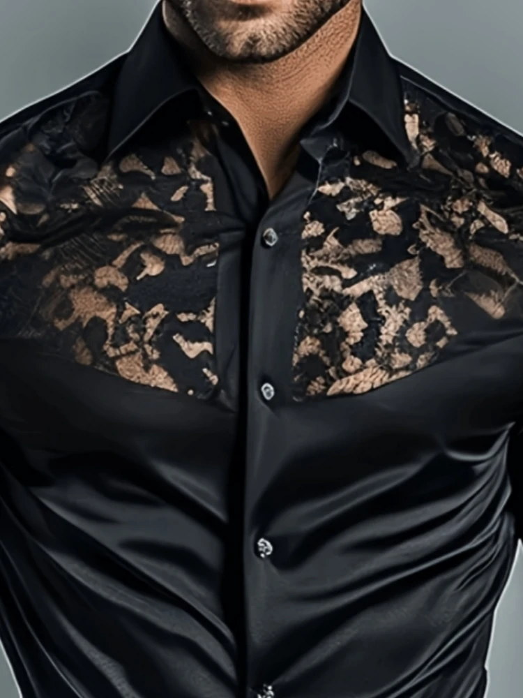 Luxury Men Satin Shirt Floral Lace Patchwork Sheer Long Sleeve Lapel Collar Slim Formal Night Club Wedding Party Button Blouse