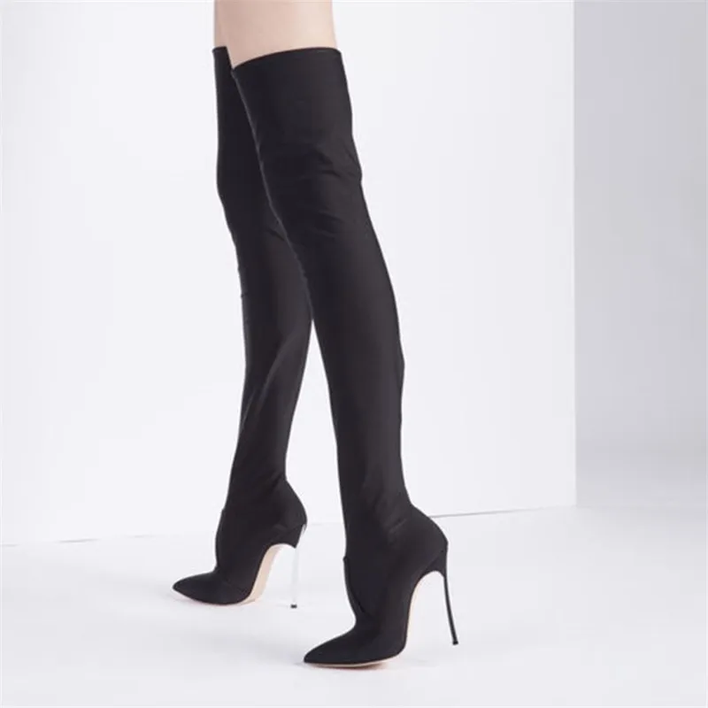 MStacchi Women Sexy Over The Knee Boots Woman Pointed Toe Thin Heels Elastic Fabric Botas Mujer Autumn Winter Party Long Boots