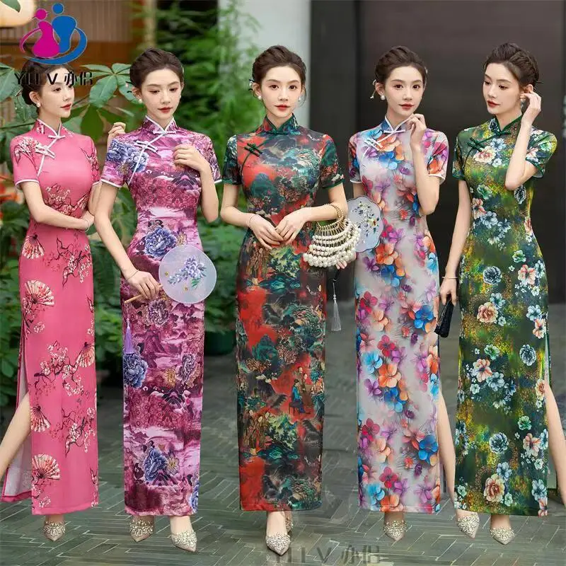 Traditional Qipao Chinese Cheongsam Dress for Middle Age Women Retro Oriental Long Evening Gown Elegant Party Dresses 2024