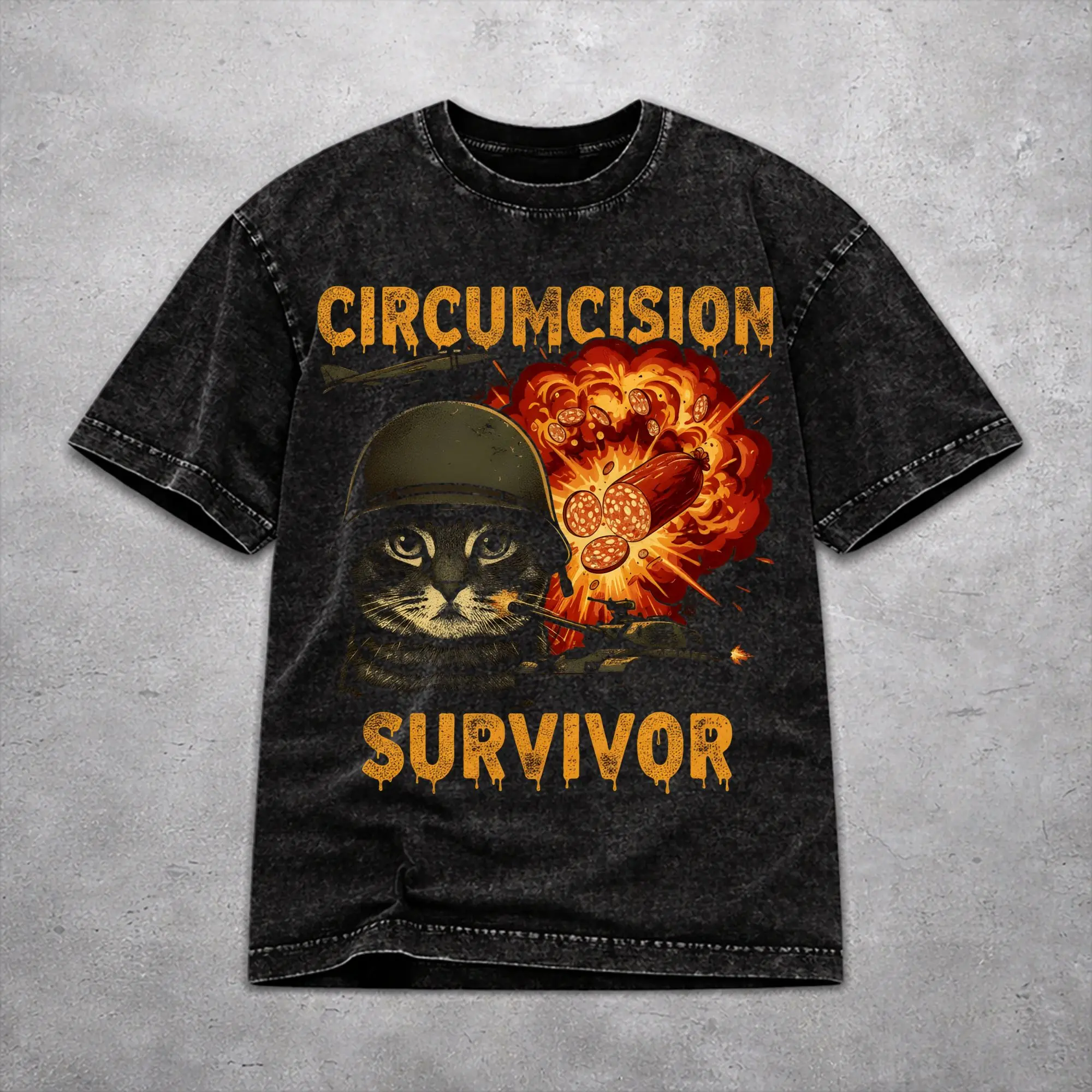 Circumcision Survivor Funny Cat Meme  Washed T Shirt Retro Streetwear for Men Women  Loose T-Shirts Short Sleeve