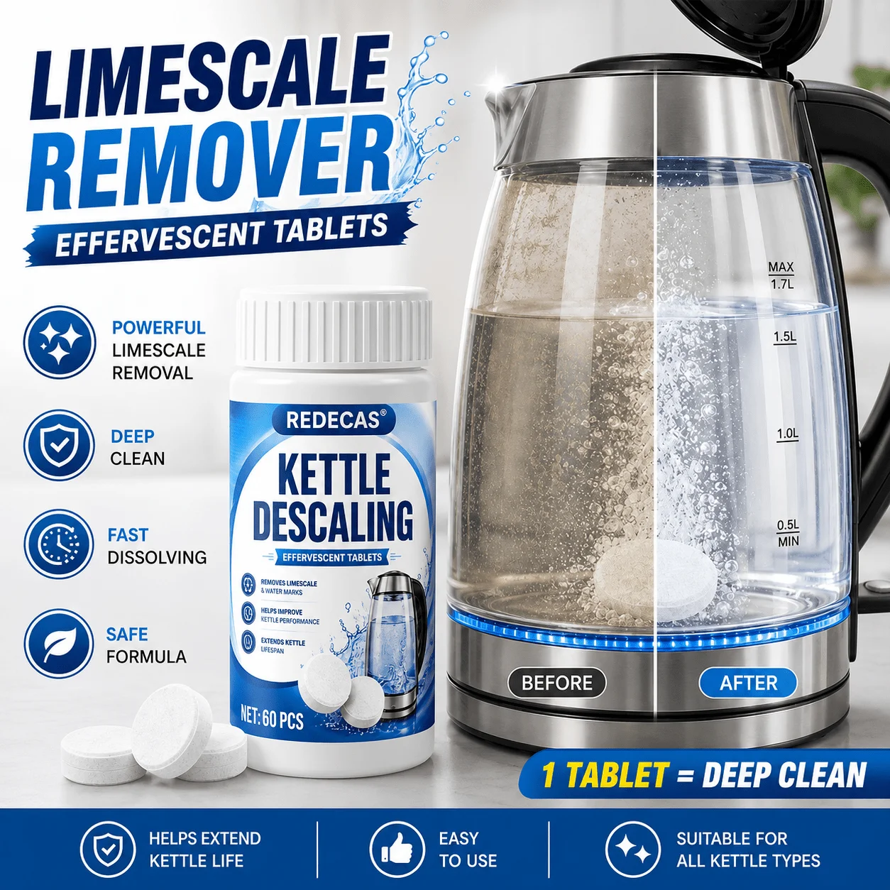 Active Oxygen Cleaning Tablets, Effervescent Limescale Remover for Electric Kettles, Teapots & Coffee Makers, Easy Descaling