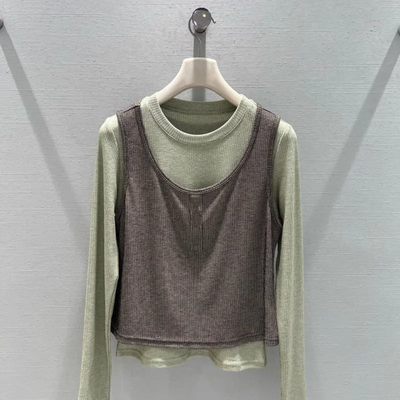 

2026 Spring New Color-Block Camisole Fake Two-Piece Knit Top