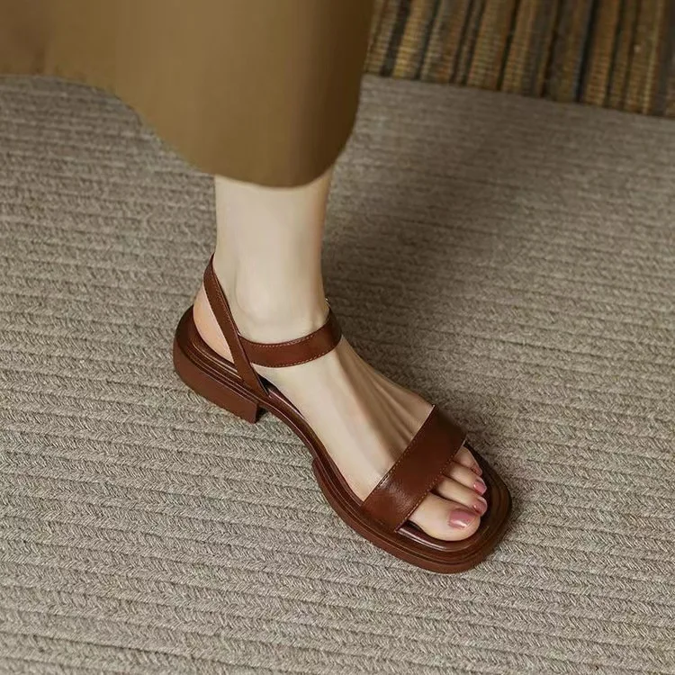 Square heel sandals retro open toe sandals 2025 soft sole versatile single shoe for women