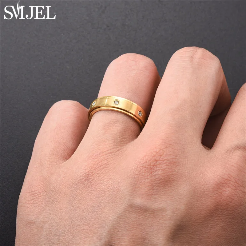 Punk Anti Stress Fidget Spinner Ring Black for Men Women Stainless Steel Anxiety Knuckle Rings 6/8mm Relaxing Finger Jewelry