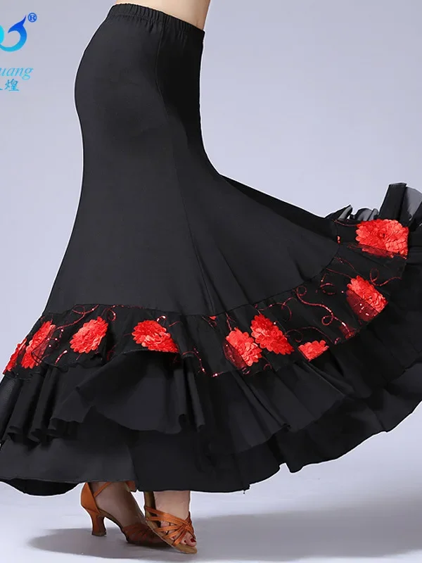 Women Flamenco Ballroom Practice Dress Spanish Fancy Belly Dance Wear Sequin Flower Embroidery Ruffle Big Wing Gypsy Stage Skirt