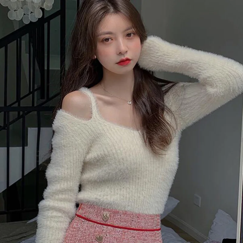 

Chic Base Layer Knitted irt Women's Early Spring Faion oulder Exposure Long Sve Pure Desire Sweater Sli Inner Wear