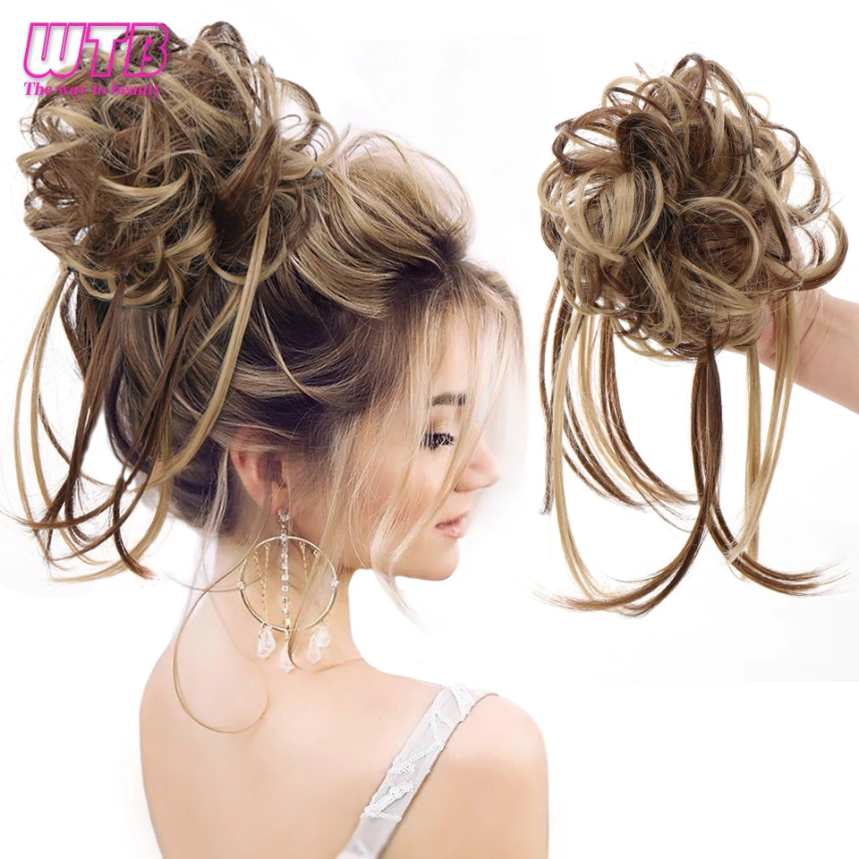 WTB-coleteros de pelo sintético para mujer, gomas de pelo rizado, moño desordenado, elástico, Scrunchy, extensión de cabello marrón y negro, Donut