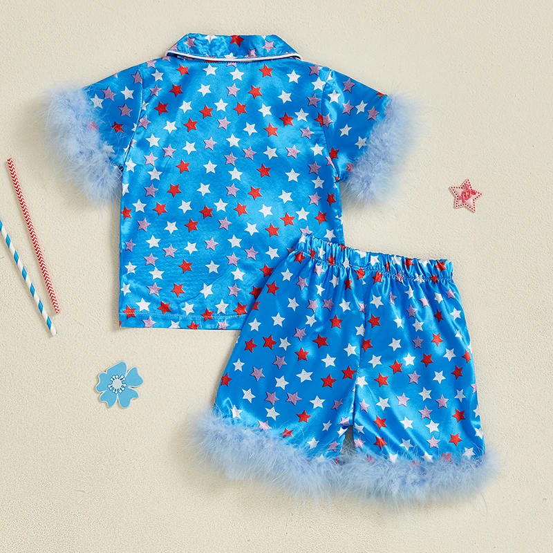 Women s Patriotic Fourth of July Pajama Set with Short Sleeve Star Print Button Down Shirt and Shorts - Sleepwear Set for