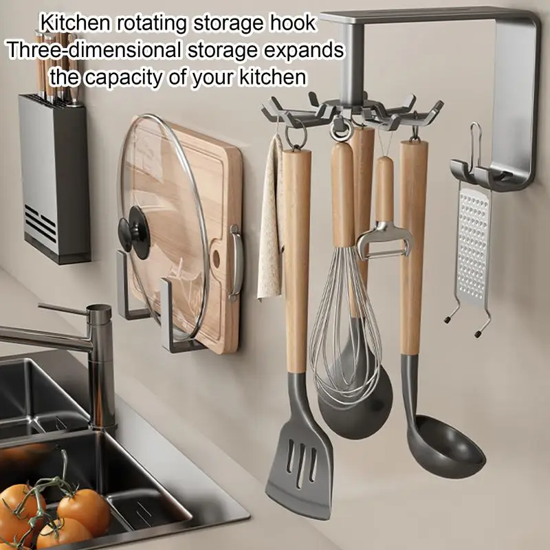 Kitchen Rotatable Hook Wall Mounted Storage Rack Pot Shovel Spoon Non Punching Rack Multi Functional Kitchen Hooks Gadgets