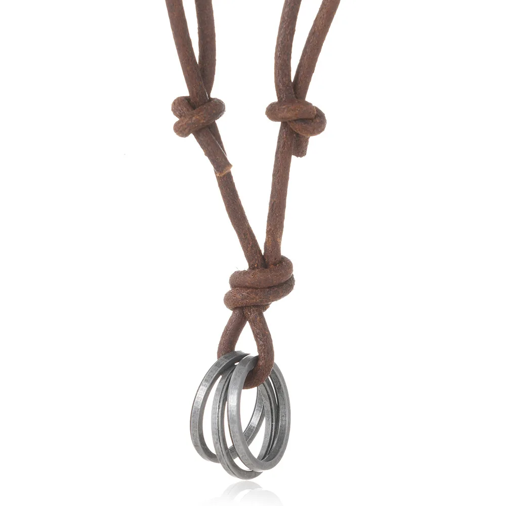 1 Piece Women and Men Vintage Leather Pendant Necklace Three Circles Necklace for Men Simple