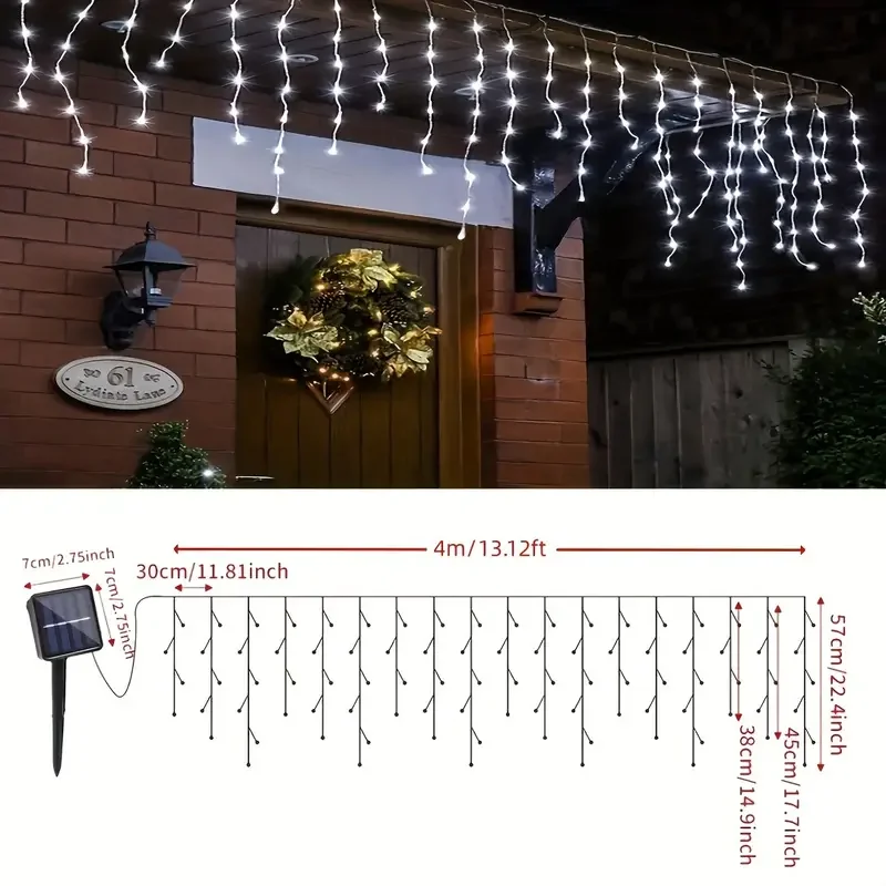 4m Solar Icicle Curtain Lights Christmas Fairy String Light Outdoor Waterproof Decoration Light for Holiday Wedding Party Garden