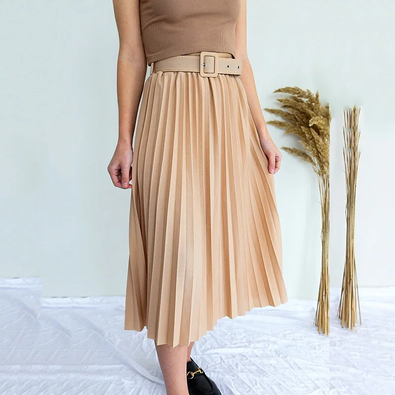 Elegant skirt womens 2021 Autumn  High-Waisted Pleated Skirt Multicolor Long Commute A- line midi Skirt womens Office Lady
