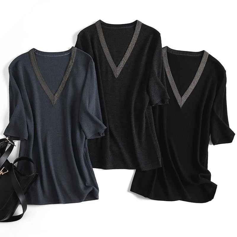 

plus Size 300 Pou Loose Ice Silk Knitted ort Sve Top V-Ne Casual Versatile Women's Summer Faion plus Size Inner Wear