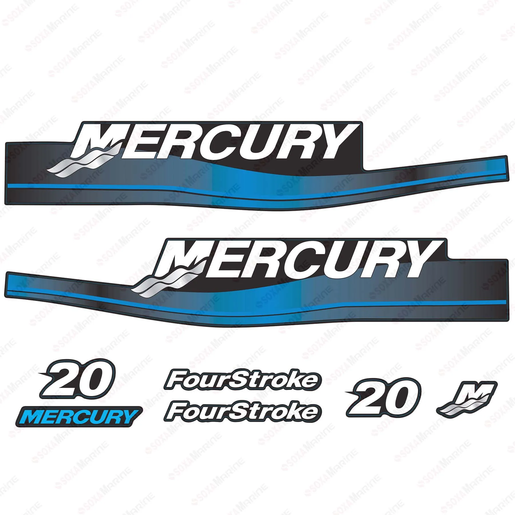 Blue Decal Kit Sticker Set for Mercury 20 HP Four Stroke 1999-2006 Year Outboard Engine Reproduction 20 HP Four Stroke