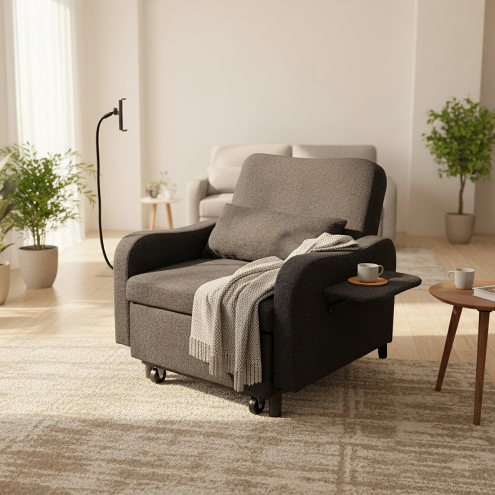 Sofa Bed, 3 in 1 Convertible Sofa Chair with Pull Out Bed, Phone Holder, USB Port, Wing Table, Sleeper Sofa Bed with Adjustable Backrest for Livingronm, Bedroom