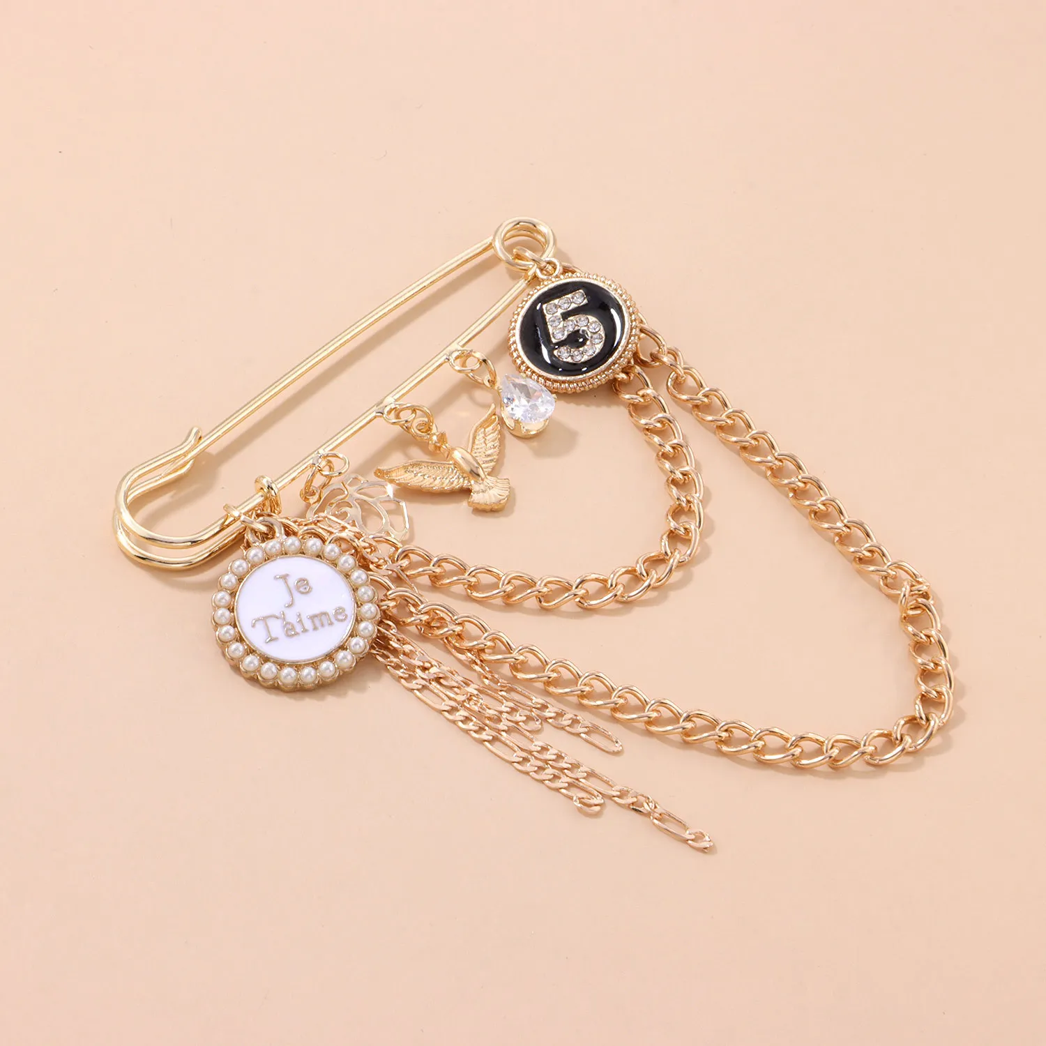 Cross border jewelry pearl disc full diamond number 5 brooch punk retro exaggerated chain pin accessory