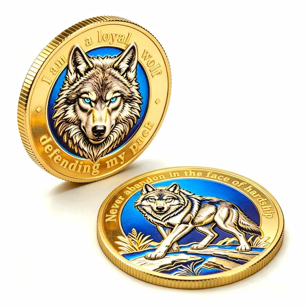 Double Sided 3D Embossed Loyal Wolf Gold Medal Inspirational Lone Wolf Decorative Collectible Badge Pocket Souvenir Gift