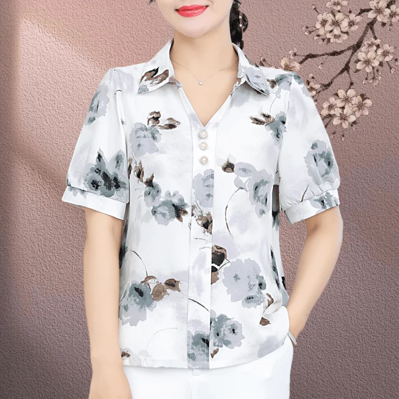 

Short Sleeve Printed Chiffon Women's Summer New Fashion Elegant Pullover Shirt Stylish Mom Ice Silk Top