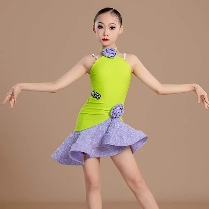 

Summer Latin Dress Girls Samba Dancer Performance Clothes Rumba Cha Cha Competition Costume Traning Suit Practice Wear VDL1082