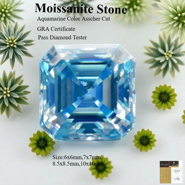 

Moissanite Stone Aquamarine Color Asscher Cut Gemstones Pass Diamond Tester For Jewelry Making Material With GRA Certificate
