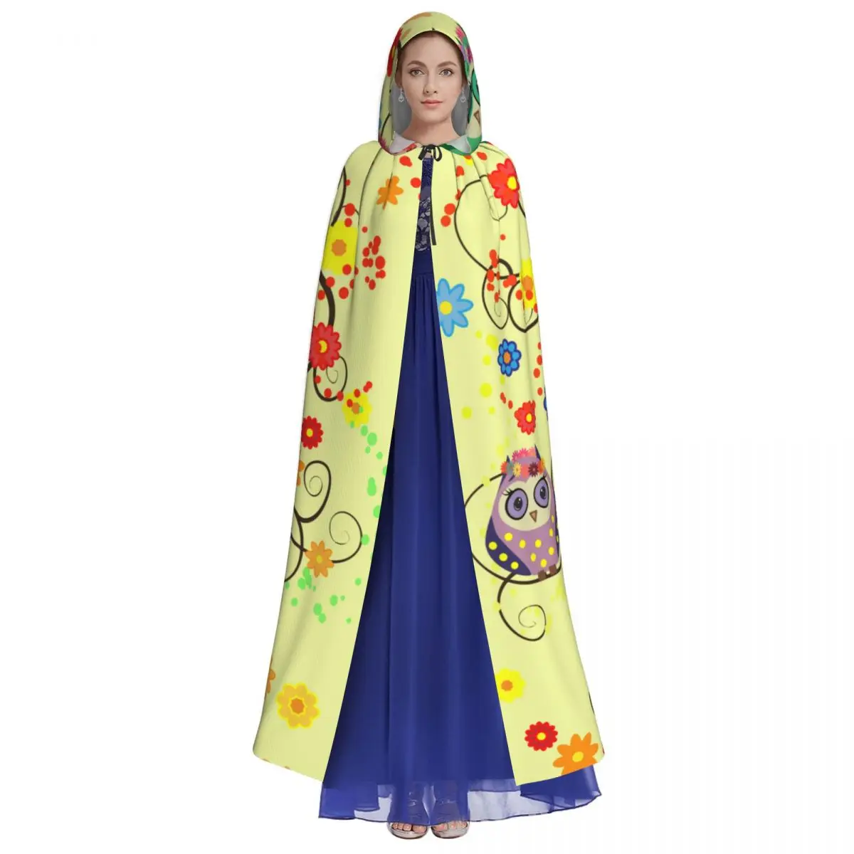 Adult Cloak Cape Hooded Owls Flowering Branches Trees Medieval Costume Witch Wicca Vampire Elf Purim Carnival Party