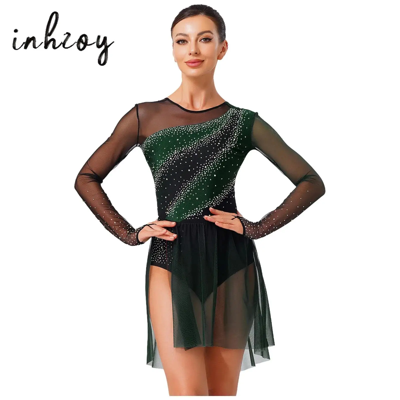 

Womens Gymnastics Leotard Dress Shiny Rhinestones Sheer Mesh Overlay Dance Dress for Lyrical Dance Figure Skating Ballet Dresses