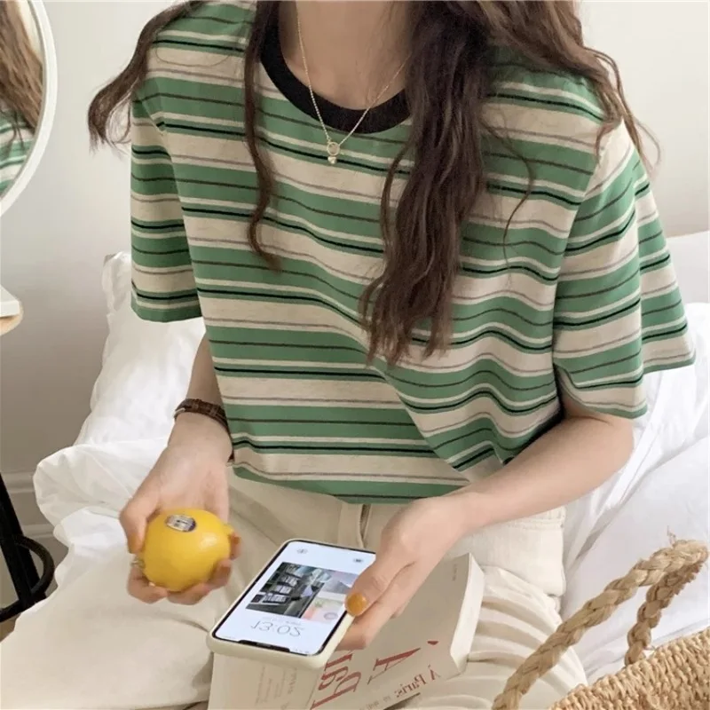 Slimming Striped Short Sleeve T-Shirt Korean Style Color Block Women's Summer Loose Fit round Neck Casual Comfortable Cotton Top