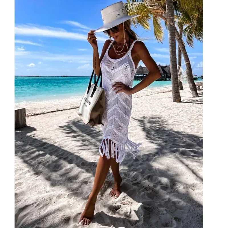 2024 White Crochet Tunic Bikini Cover-ups Sexy Hollow Out Dress Women Summer Clothes See Through Beach Wear Tassel Cover Up