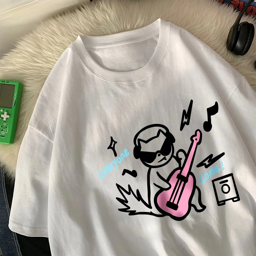 A Little Cat Playing Guitar Womens T-Shirts Cartoons Prints Tops O-Neck Soft Short Sleeve Tees Summer Clothes Women Clothing Y2k
