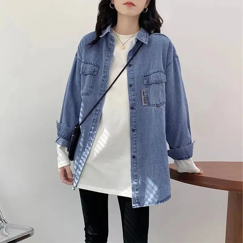 spring autumn Turn-down Collar fashion Long Sleeve shirt women Solid color High street Button Cardigan elegant mid-length tops