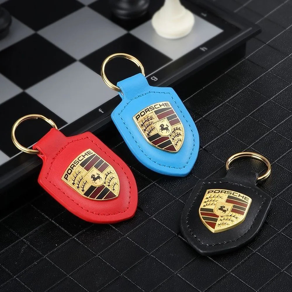 Car Leather Shield Type 3D Emblem Key Ring For Porsche Panamera Cayenne Taycan 911 718 Macan Carrera-GT 928 944 968 944 918 Paju 