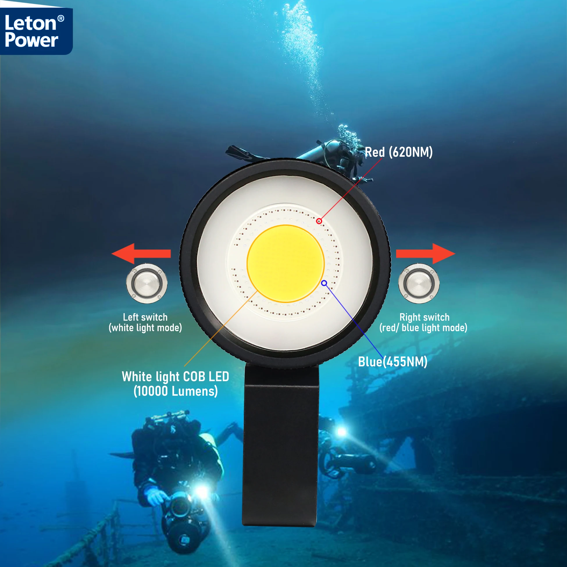 Imagem -02 - Letonpower-diving Lanterna Cob 18000lumens Lanterna Subaquática Levou Luz de Mergulho 100m à Prova Dágua Vídeo Tocha