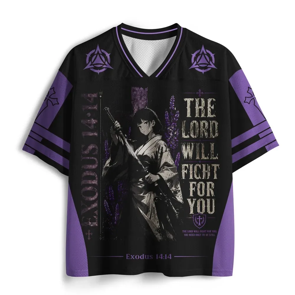 Retro Samurai Girl Pattern Printed Mesh V-neck Short Sleeved T-shirt Street Wear Loose Sports Shirt Suitable for Men and Women