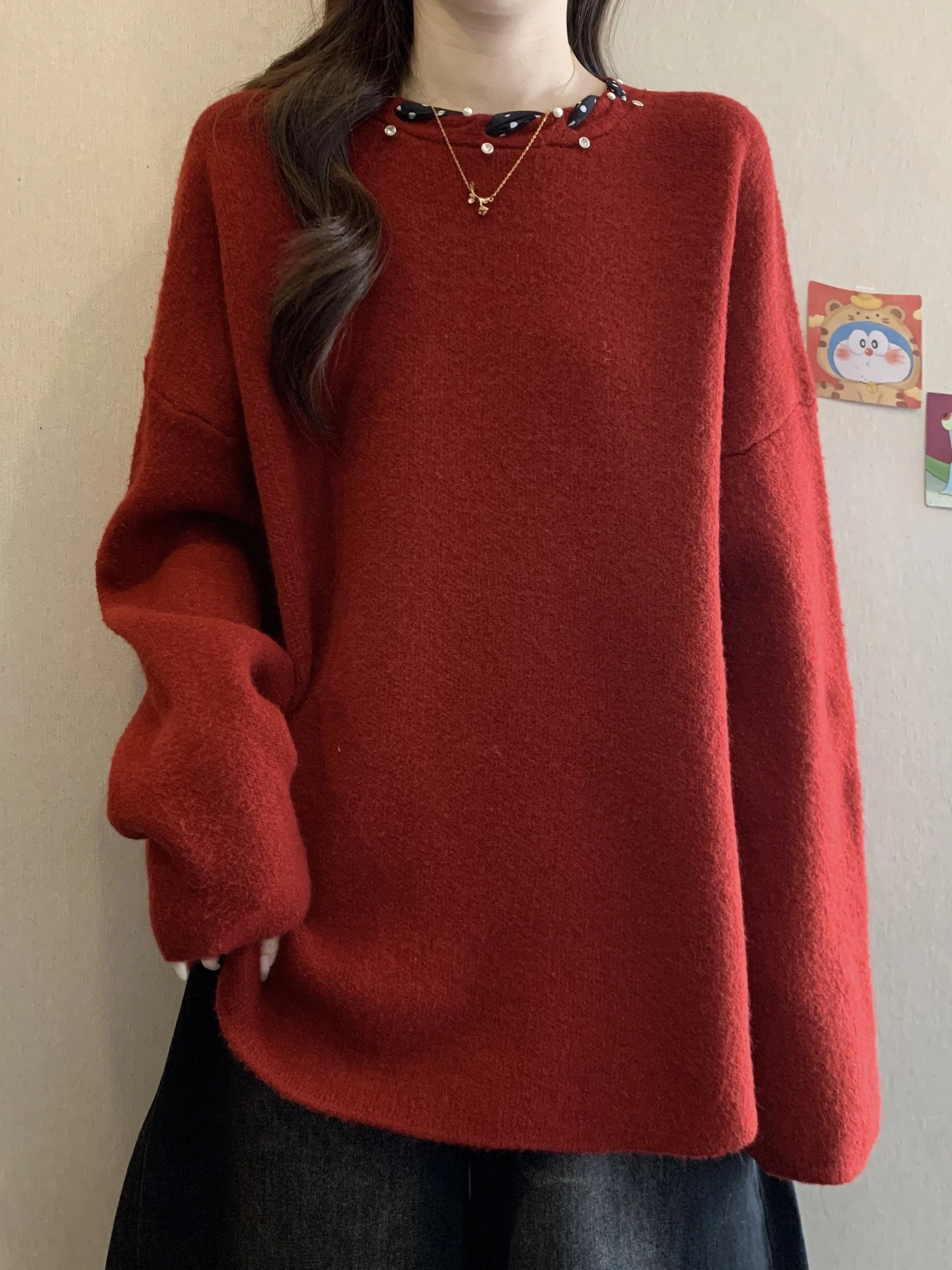 

Женский вязаный топ Ele Red Diamond Embedded Long Sve, свободный корейский свободный топ средней длины больших размеров