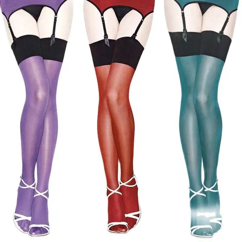 Retro Women's Multi-color Oil Shine Shiny Thigh High Stockings Sexy Collant Lolita Glitter Lustre Legs Rib Top Opaque Stocking