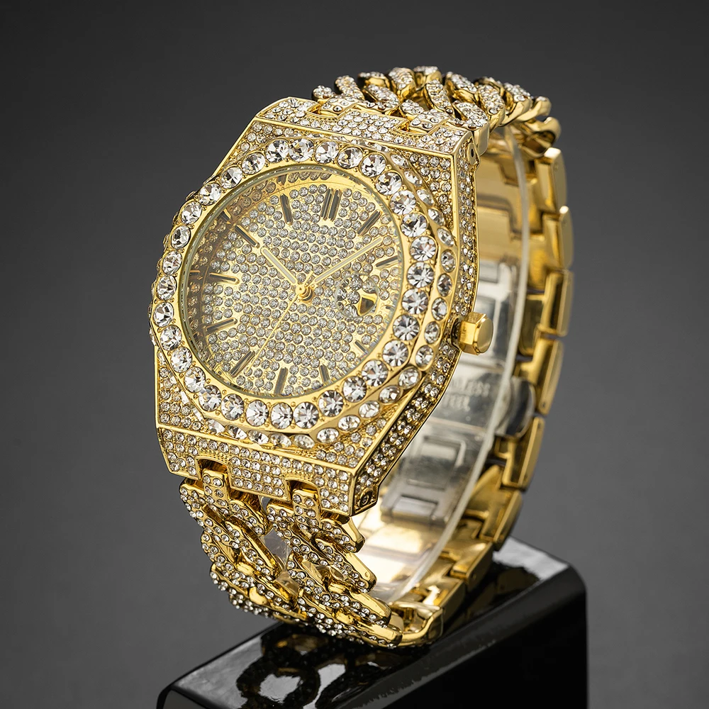 New Iced Out Men Watch Top Brand Fashion Diamond Gold Quartz Watches Luxury Classic Luminous Pointer Waterproof Male Clock Gift