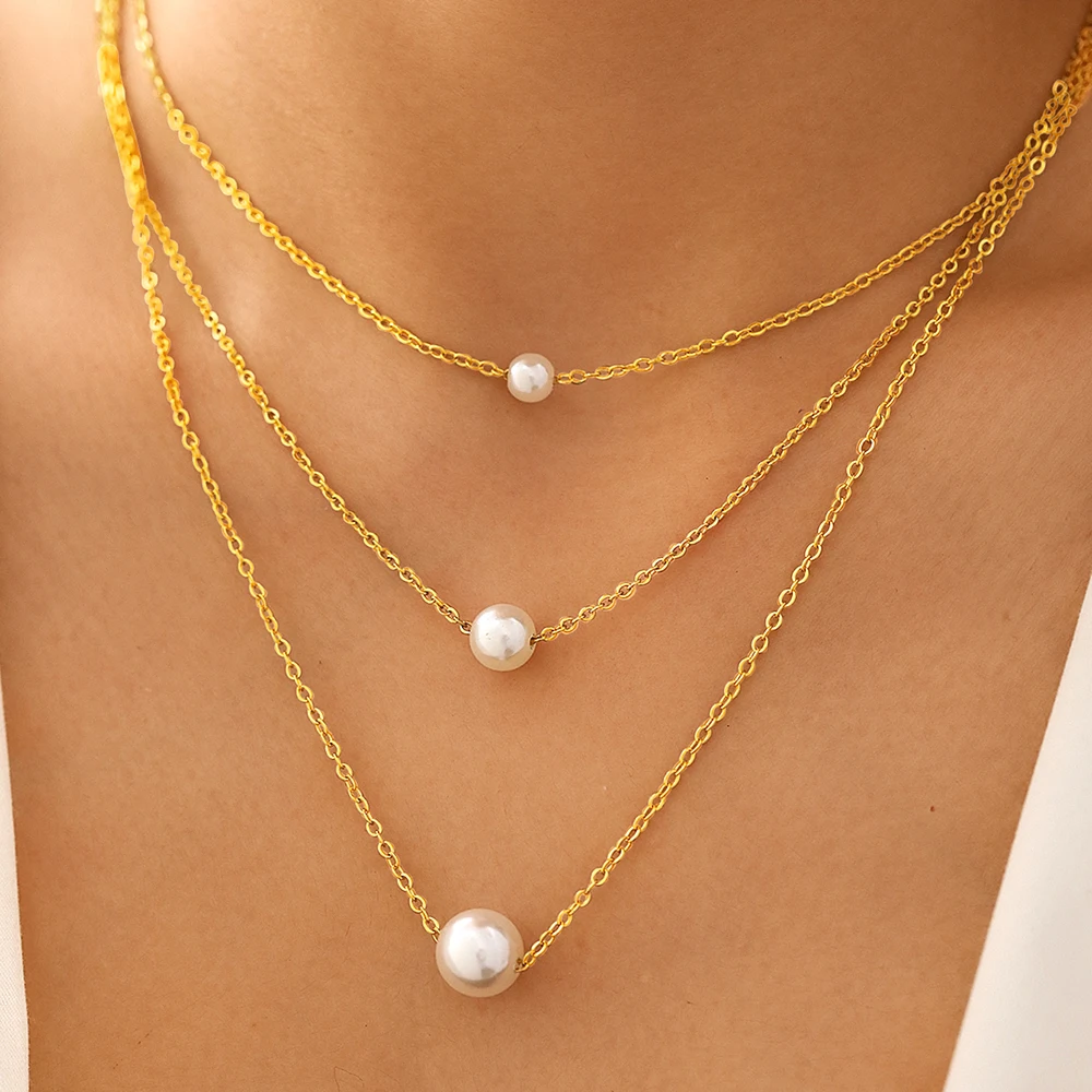 Stainless Steel Necklaces Baroque Style White Imitation Pearl Multilayer chain Simplicity Fashion Necklace For Women Jewelry Gif