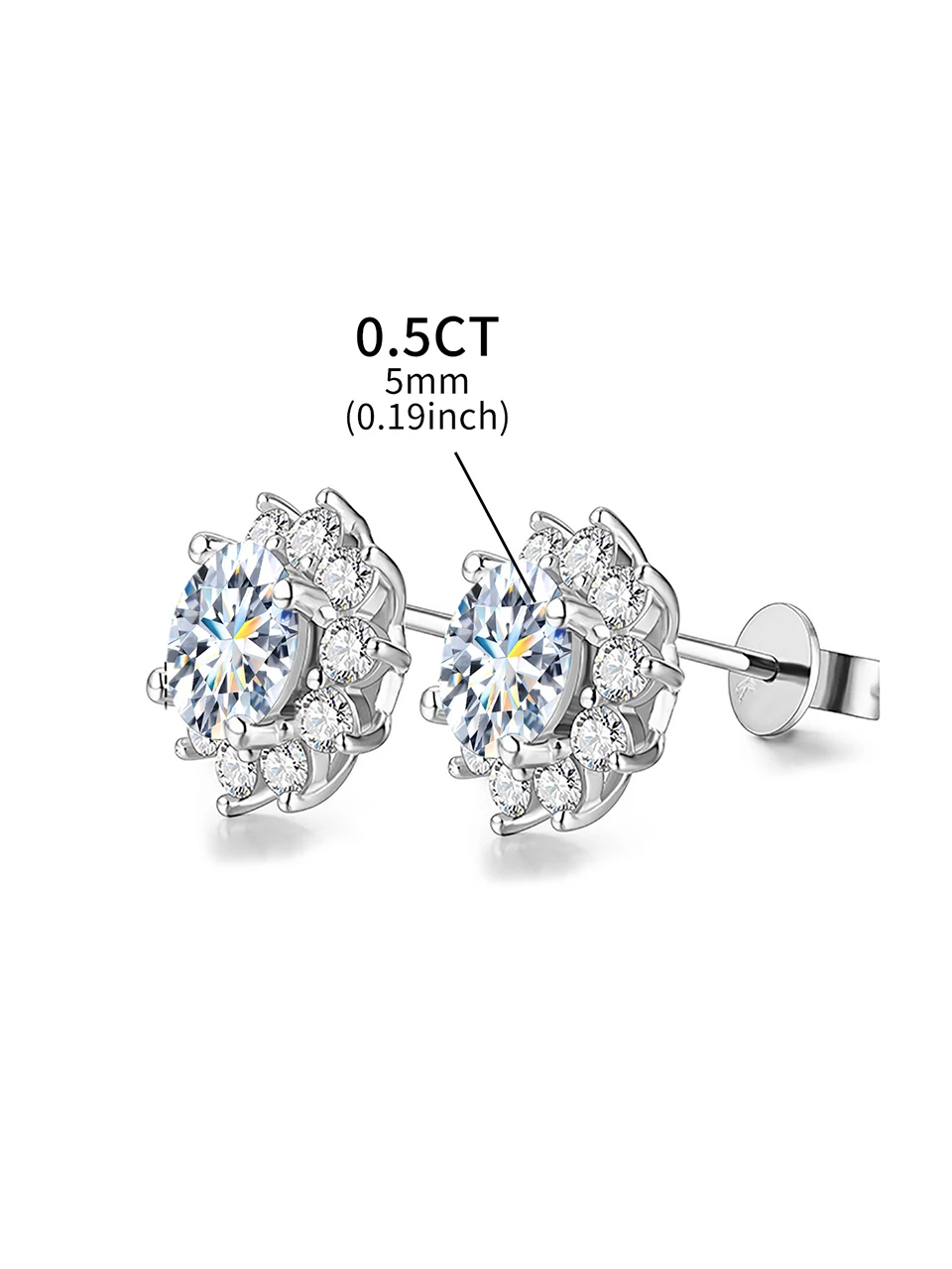 DiamondWorld Funkelnde 0,5 CT Moissanit-Diamant-Halo-Sonnenblumen-Ohrstecker für Damen, 925er Sterlingsilber, Party-Edelschmuck – Detail 8