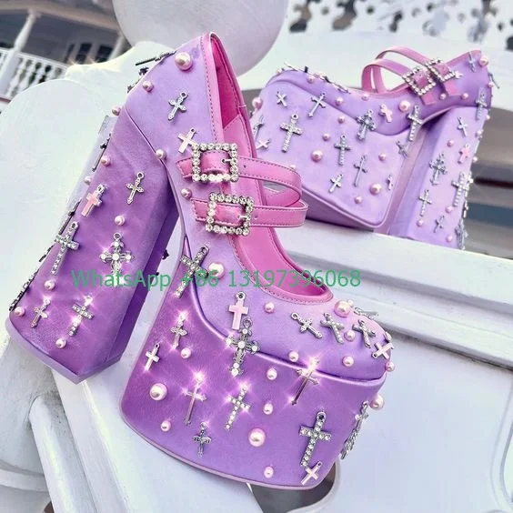 Lady pink hollow stain pink Mary Jane shoes chunky heels peal design rhinestone high heels cover heel summer footwear size